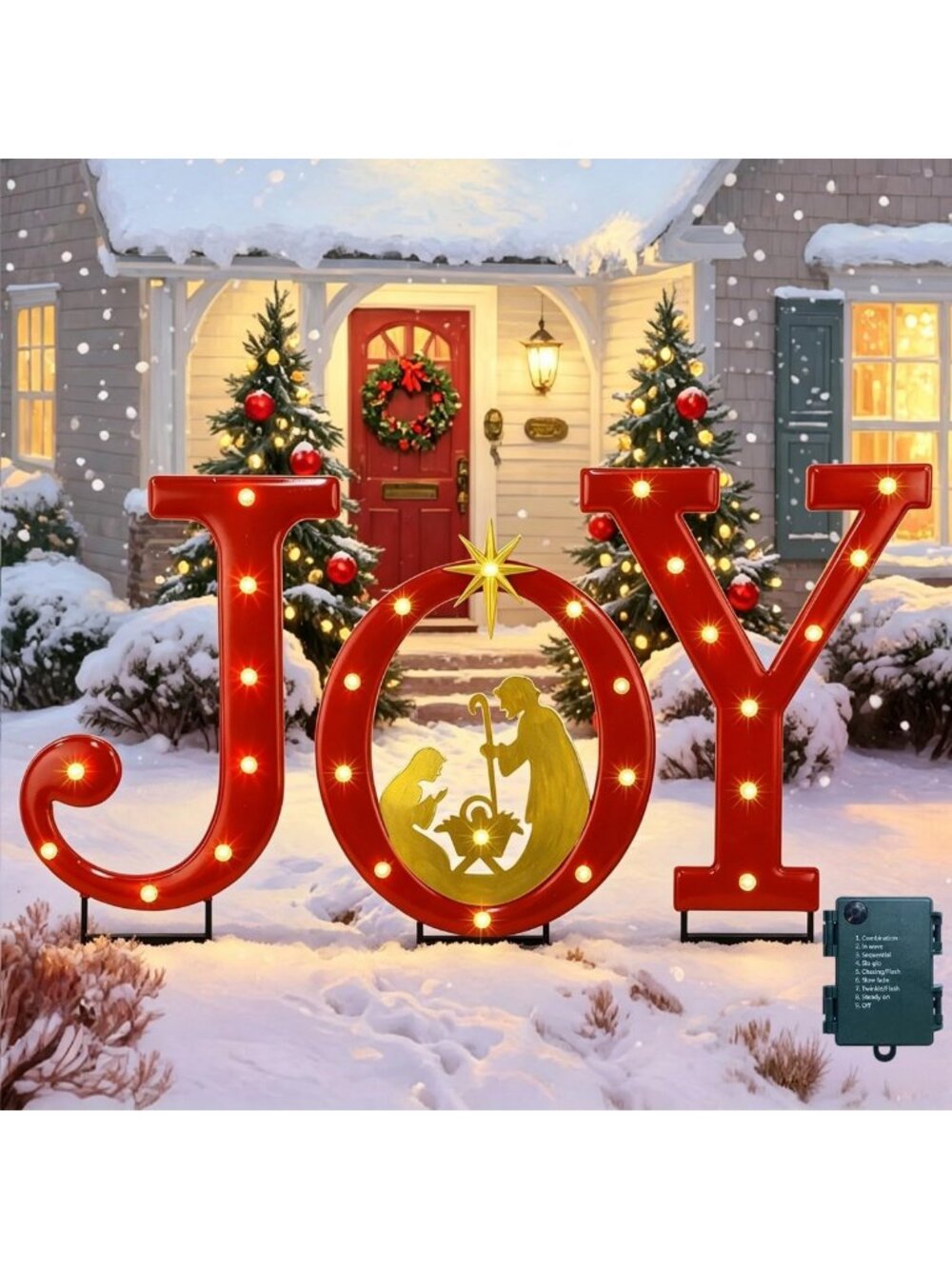 20" Joy Letter Lighted Christmas Yard Decor - Battery-Powered Nativity Scene for